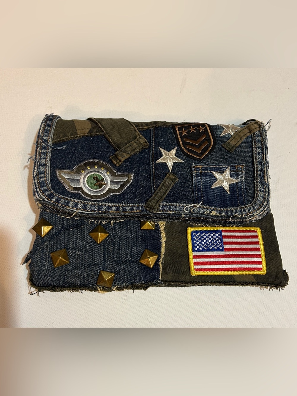 Handmade Upcycled Denim Camo Patriotic Clutch Wristlet USA Flag Eagle Military